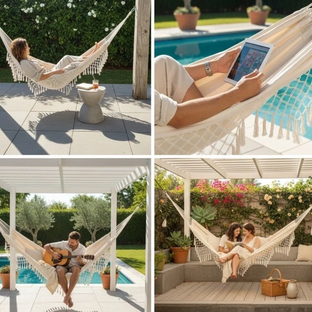 Wide Brazilian Style Fringed Hammock Boho Style Supports 250 Lbs Outdoor Indoor